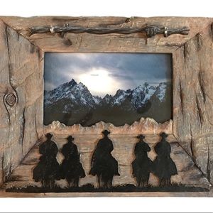 Weathered Barnwood Barbed Wire and Cowboys Silloutte Picture Frame-Resin